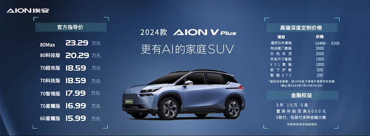 2024款AION V Plus上市 售价15.99-23.29万元