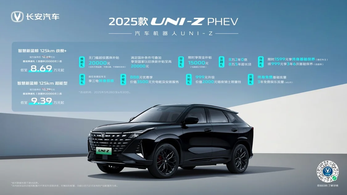 2025款长安UNI-Z上市 燃油版综合优惠价8.09万元起/插混版综合优惠价8.69万元起